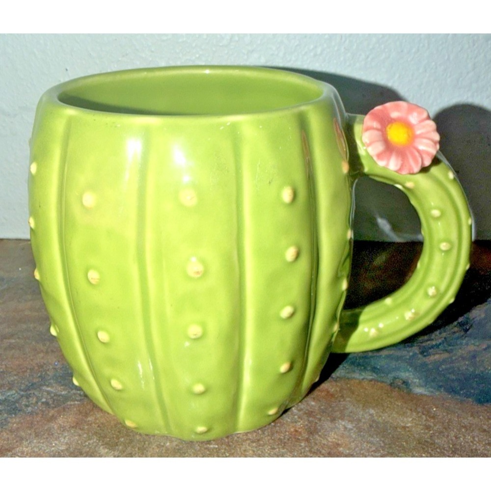 Pier 1 Cactus Mug Green Stoneware Flower Handle Coffee Cup EUC